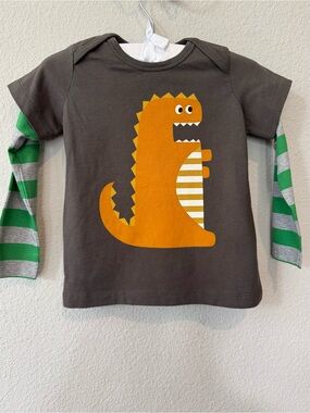 NWOT Baby Boden 18-24m Brown Long-Sleeve Tee w/ Dino and Green-Striped Sleeves